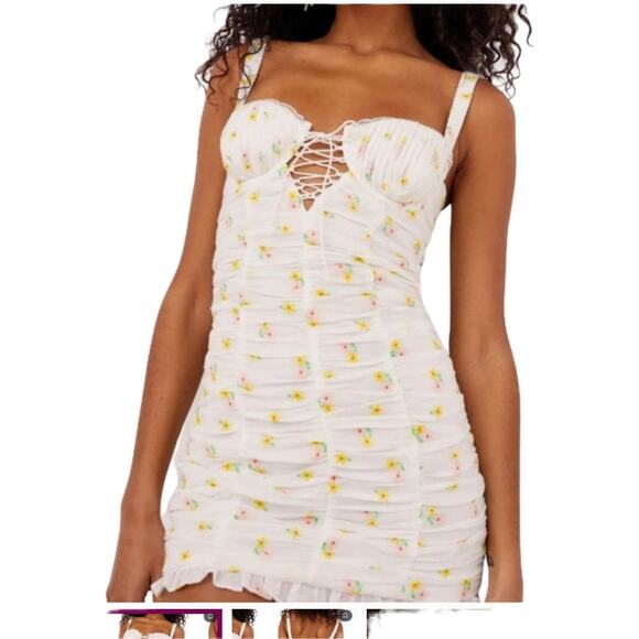 For Love & Lemons Celia Shirred Floral-embroidered Lace-up Open-back Mini Dress - Picture 1 of 1